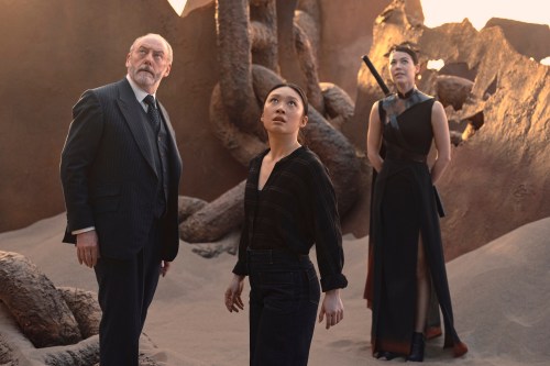 A man and two women stand in the sand and stare.