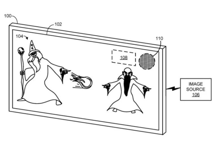 Dois feiticeiros de desenho animado lutam em uma imagem de uma patente da Microsoft.