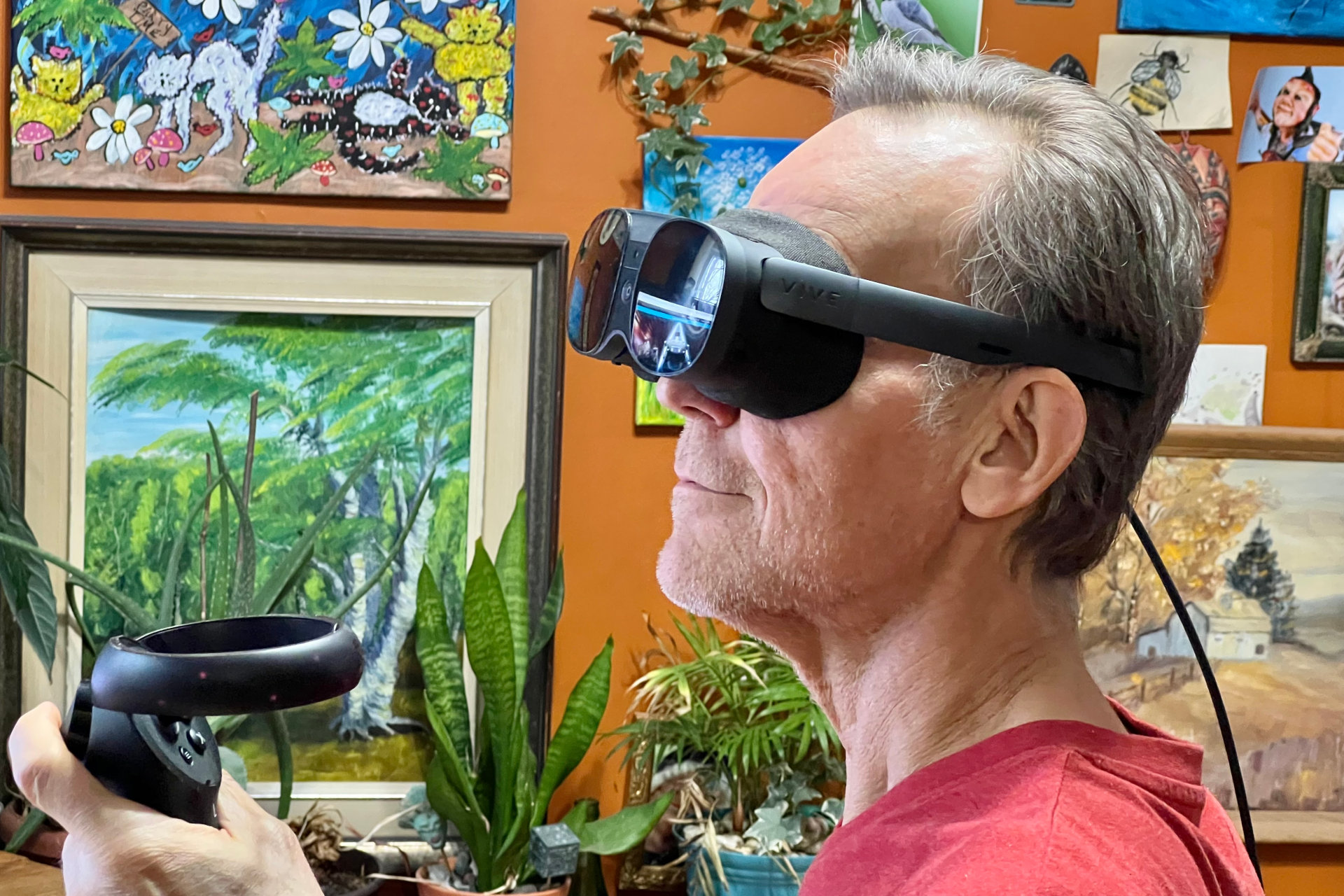 Alan Truly wears the HTC Vive XR Elite in the lightweight glasses mode.