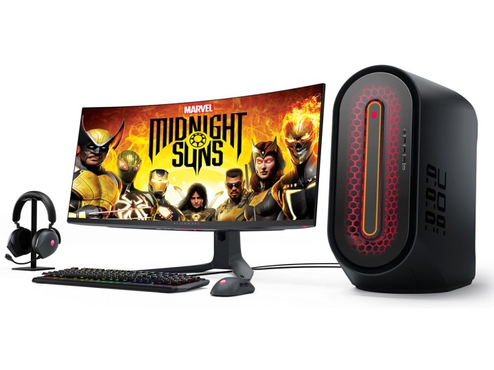 The Alienware Aurora R15 gaming PC and the Alienware 34-inch curved QD-OLED gaming monitor.