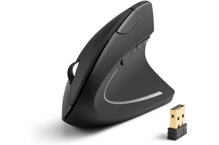 The Anker 2.4G Wireless Vertical Ergonomic Optical Mouse with a wireless dongle against a white background.