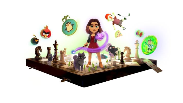 Apple Arcade characters stand on a chess board.