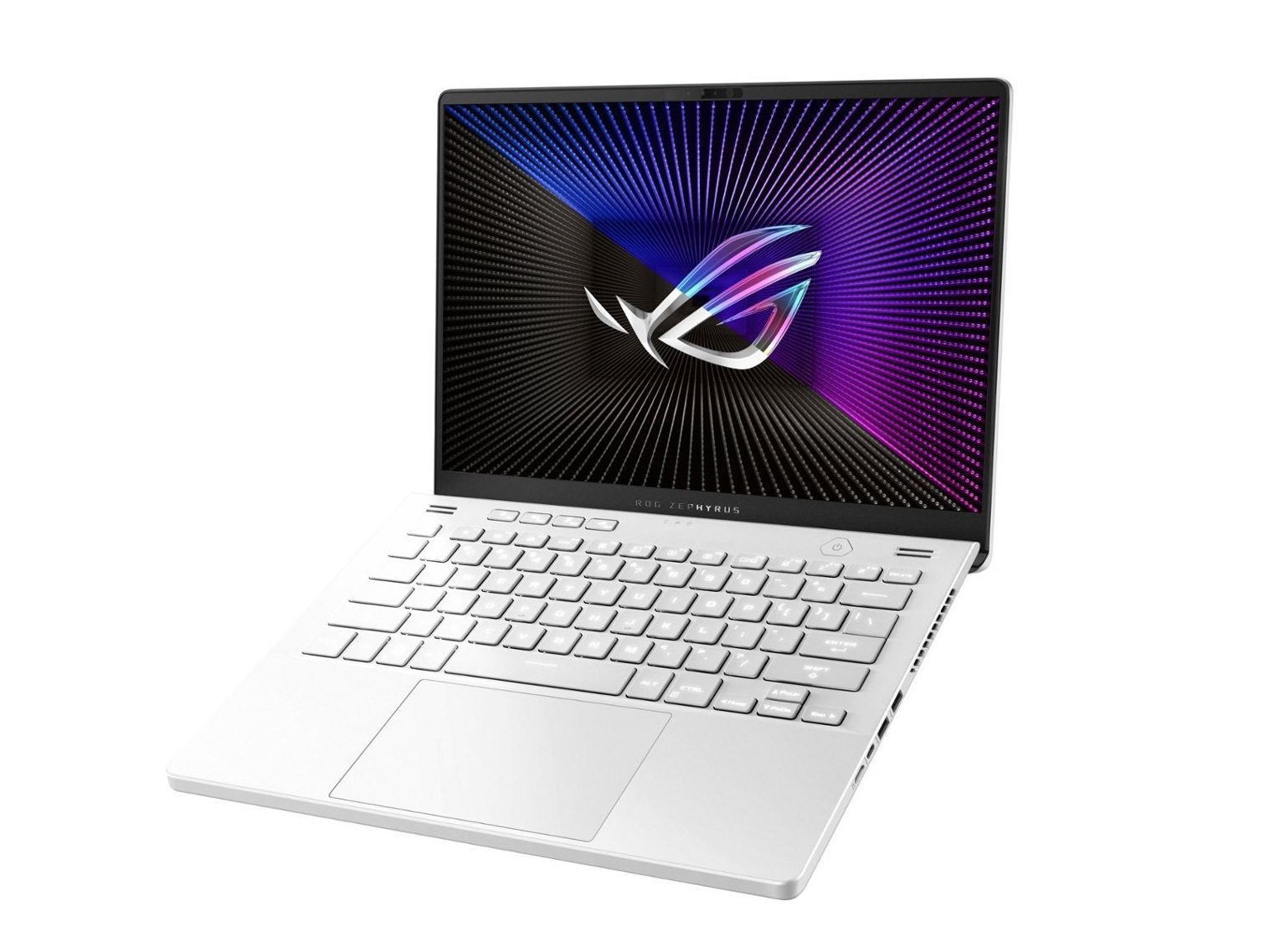 The Asus ROG Zephrus G14's Moonlight White color, with keyboard clearly shown.
