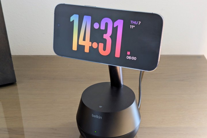 Belkin Stand Pro with iPhone 14 Pro Max mounted in StandBy mode.