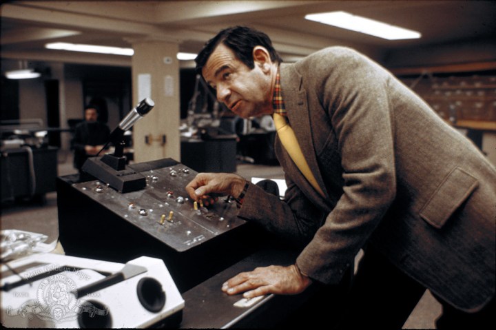 Walter Matthau as Lt. Garber speaks over the radio to the criminals in The Taking of Pelham 123.