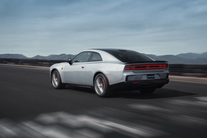 Rear three quarter view of the 2024 Dodge Charger Daytona coupe.