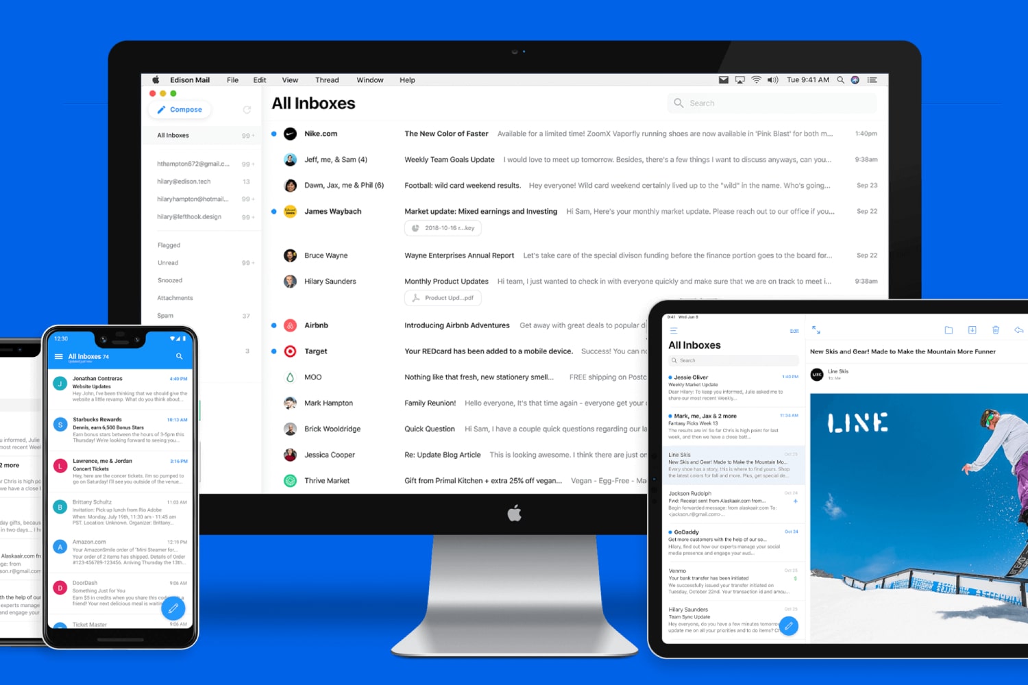 The Edison email app running on various Apple devices, including an iPhone, an iMac and an iPad.