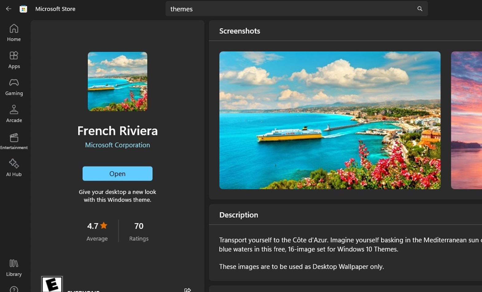 Screenshot showing French Riviera theme in Microsoft Store.