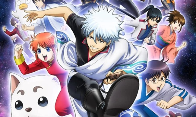 Gintama anime key art featuring Gintoki leading the supporting cast of the series.