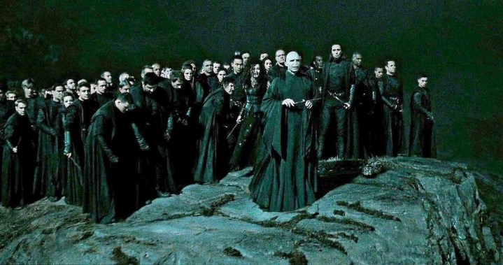 Death Eaters assemble on a mountain in Harry Potter and the Deathly Hollows Part 2.