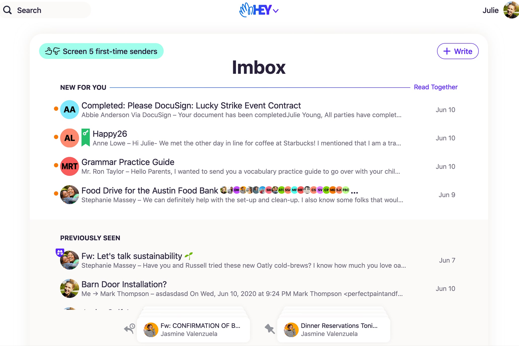 The Imbox section of the Hey email app, showing various email messages.
