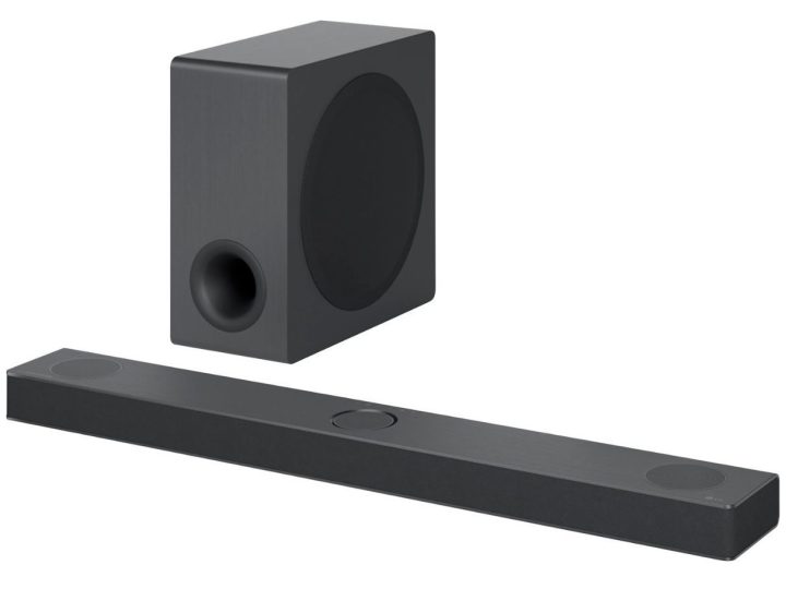 A frontal view of the LG 3.1.3 Channel Soundbar with Wireless Subwoofer combo.