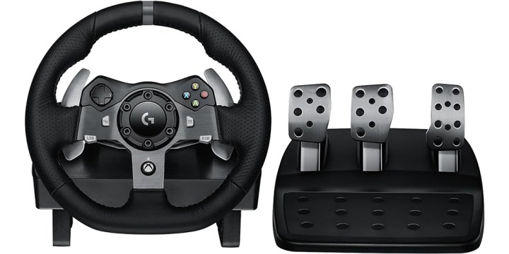 A Logitech G920 Driving Force Racing Wheel and pedals on a white background.