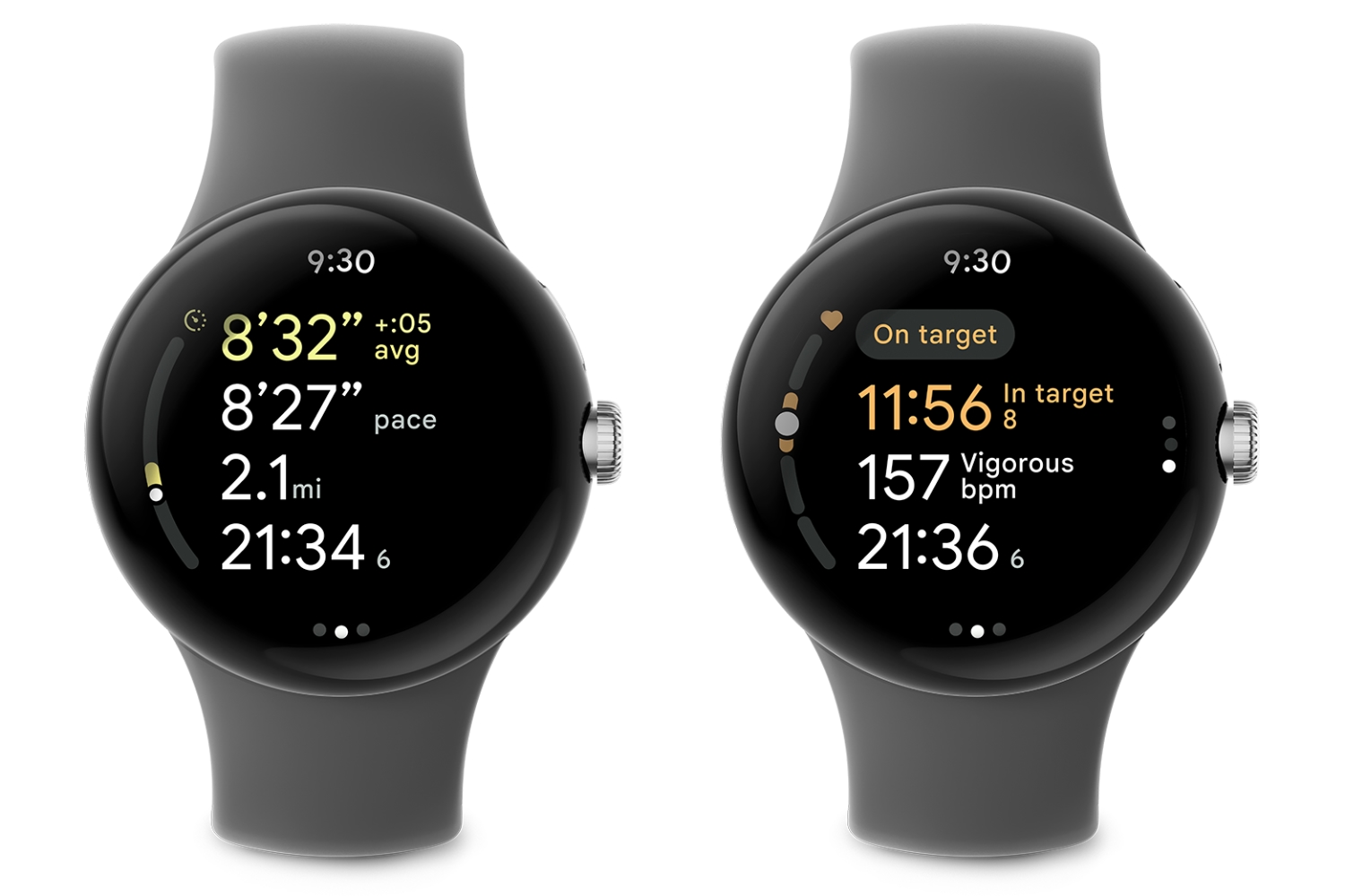 Two Google Pixel Watches showing Pace Training and Heart Zone Training.