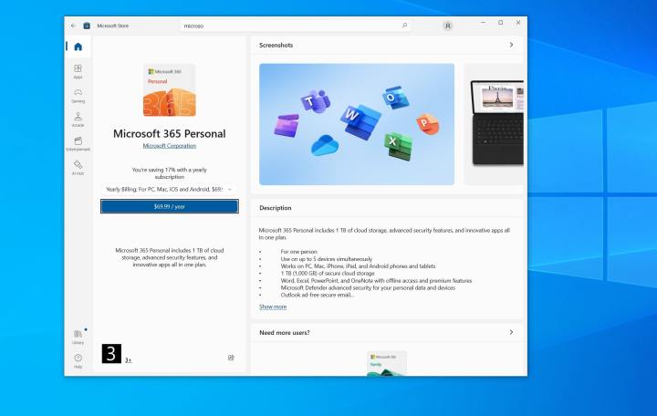 A screenshot of a listing for Microsoft 365 in the Microsoft Store on Windows 10