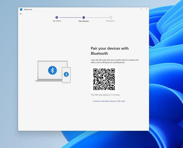 A screenshot of the Phone Link app showing a QR code for iPhone setup on Windows 11