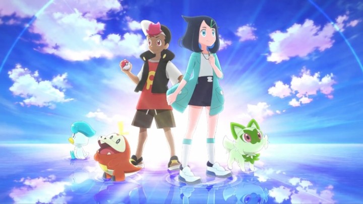 Key art for the Pokémon Horizons anime featuring the dual protagonists and the three starter Pokémon.