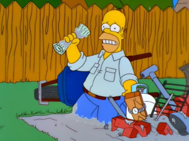 Homer arrodillado en cemento mojado en "Los Simpson".