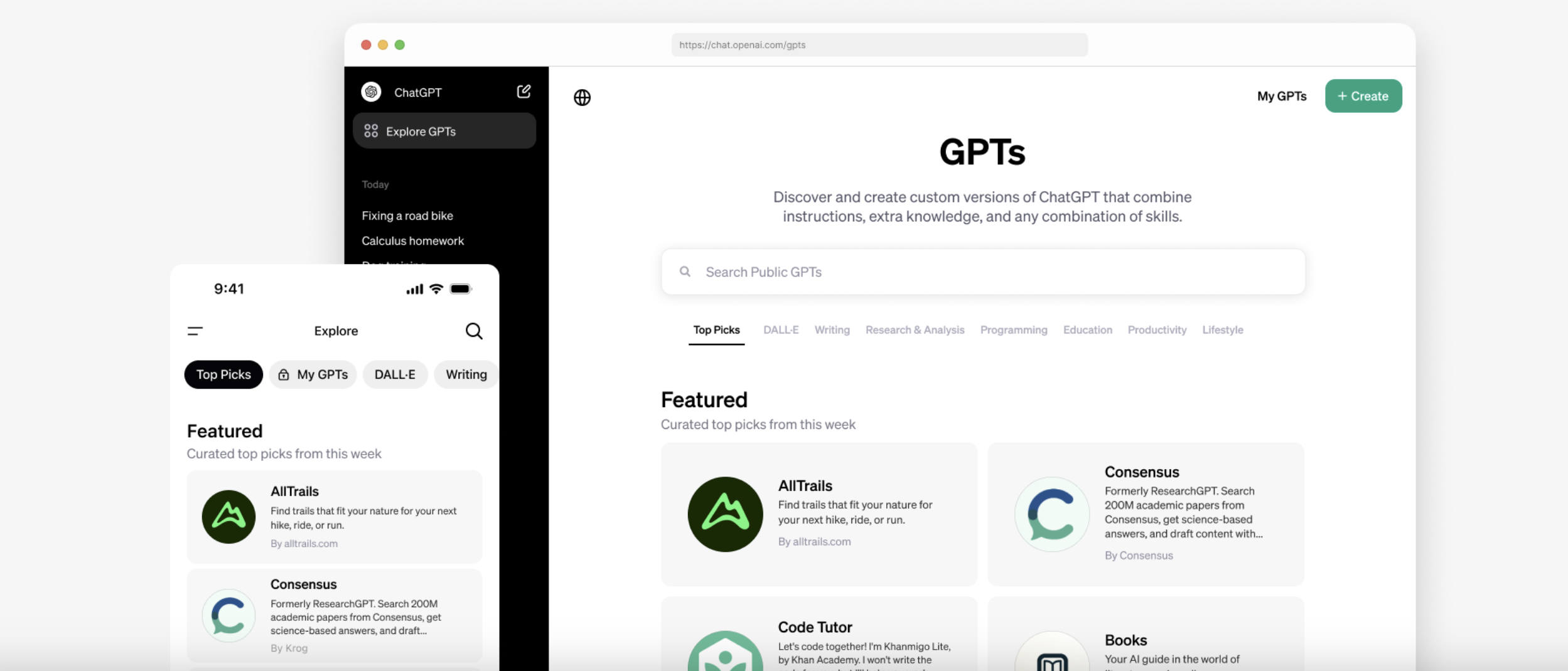 A screenshot of a graphic from OpenAI's website, showing the GPT Store on desktop and mobile.
