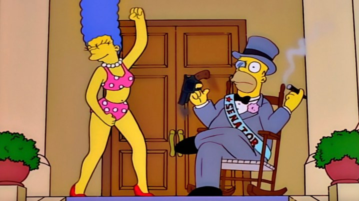Marge e Homer em uma sequência de fantasia em "Os Simpsons".