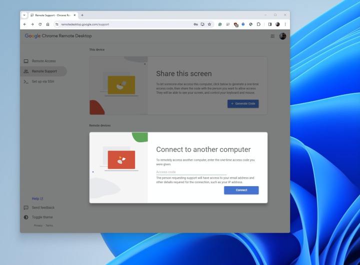 A screenshot of the code page for screen sharing in Chrome Remote Desktop