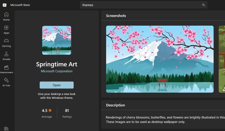 Captura de tela mostrando o tema Springtime Art na Microsoft Store.