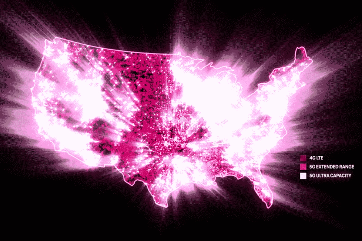 टी-मोबाइल के 5जी अल्ट्रा कैपेसिटी नेटवर्क विस्तार को दर्शाने वाला अमेरिकी मानचित्र।