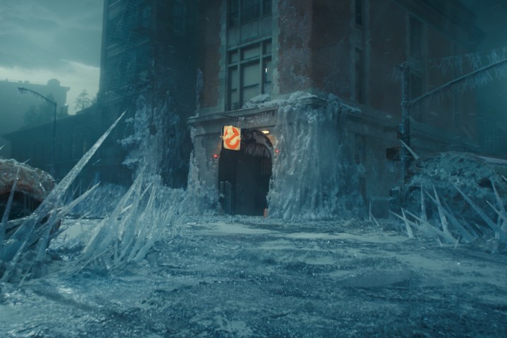 The Ghostbusters firehouse covered in ice in Ghostbusters: Frozen Empire.