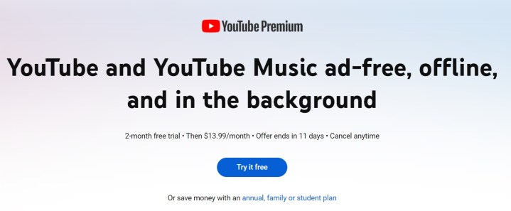 提供两个月的 YouTube Premium 免费试用优惠。