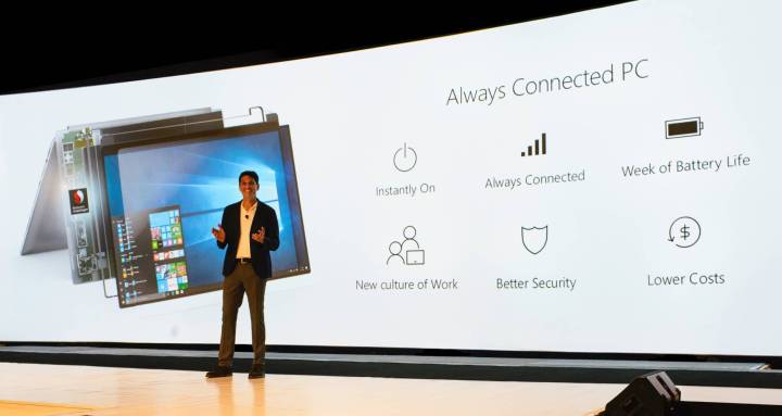 A Microsoft spokesperson announcing Always Connected PCs from the stage.