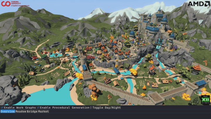 A demo of AMD GPU work graphs featuring in-game scenery including a castle and a town.