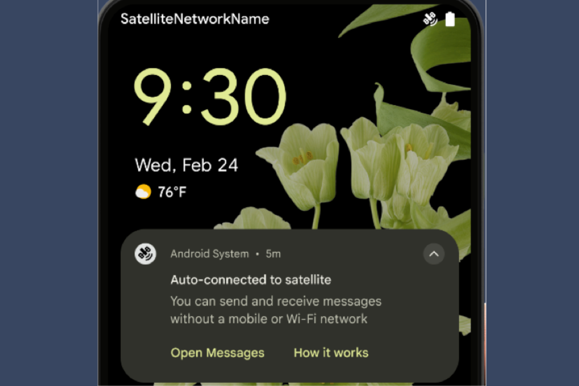 Nova IU de conectividade de satélite no Android 15 Developer Preview 2.