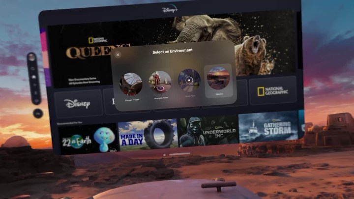 A Disney + menus screen seen on an Apple Vision Pro display.