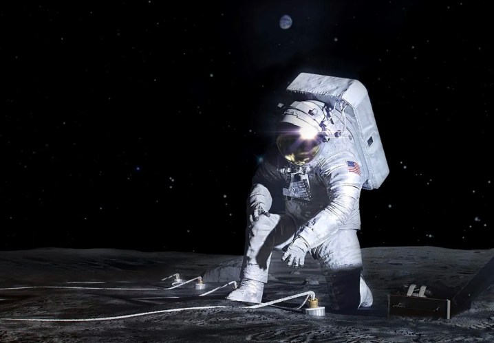 An artist’s concept of an Artemis astronaut deploying an instrument on the lunar surface.