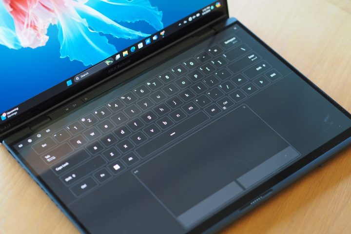 Asus Zenbook DUO 2024 top down view showing software keyboard and touchpad.