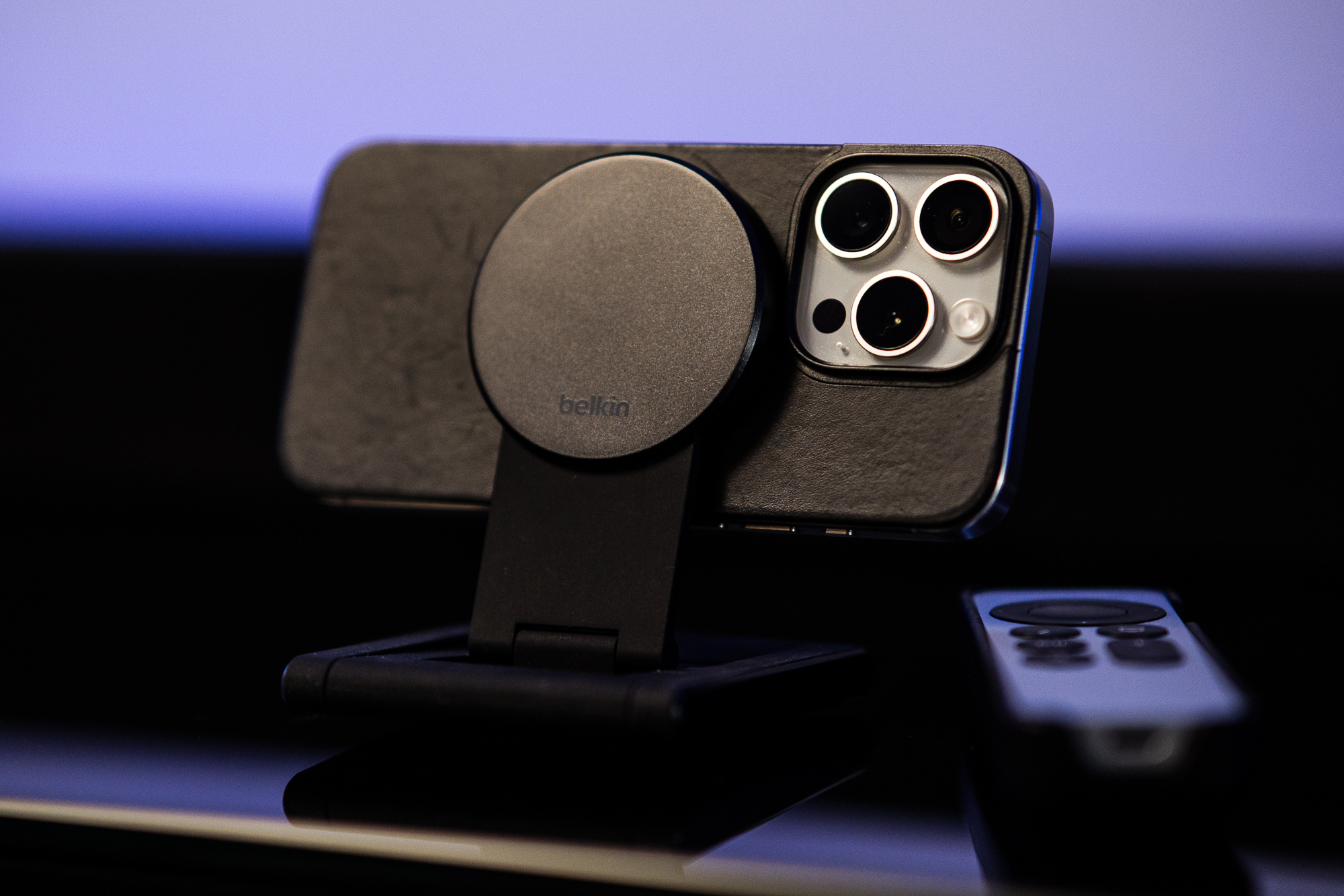 The Belkin iPhone Mount with MagSafe for Apple TV 4K in its stand mode.