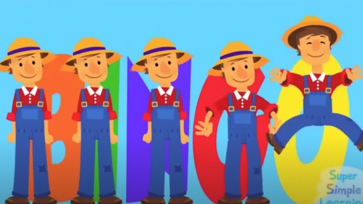 Five animated farmers in a row, the last one jumping in a screenshot from the video BINGO from Super Simple Songs on YouTube