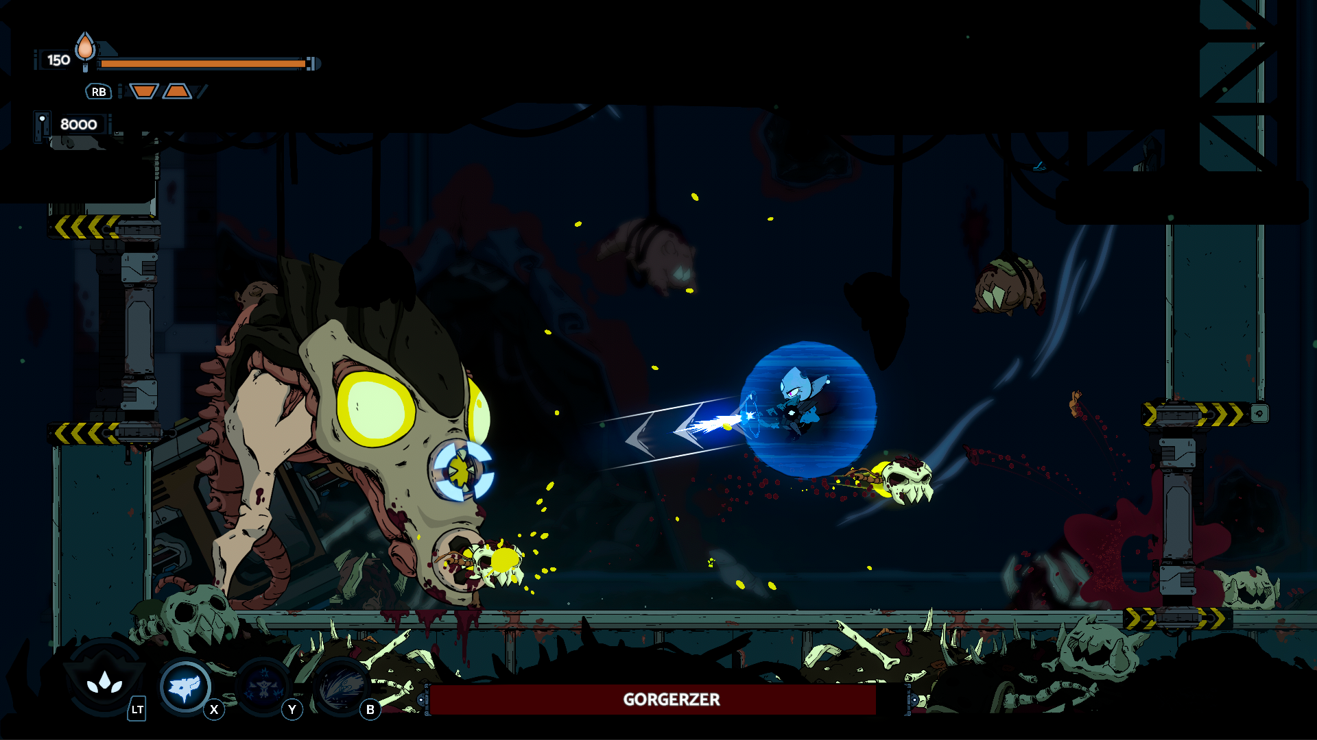 A character takes aim at a boss in Biomorph.