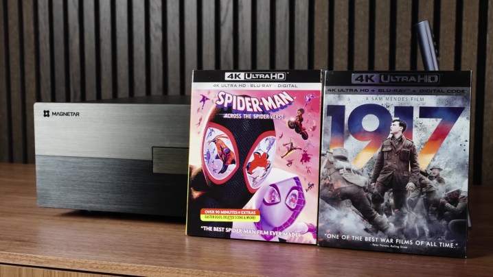 A Magnetar Blu9ray player and two Blu-ray discs (1917 and Across the Spiderverse.