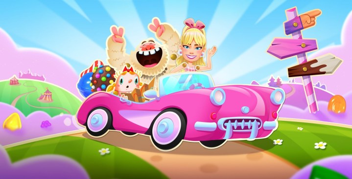 Barbie rides in a pink car with Candy Crush Saga characters.