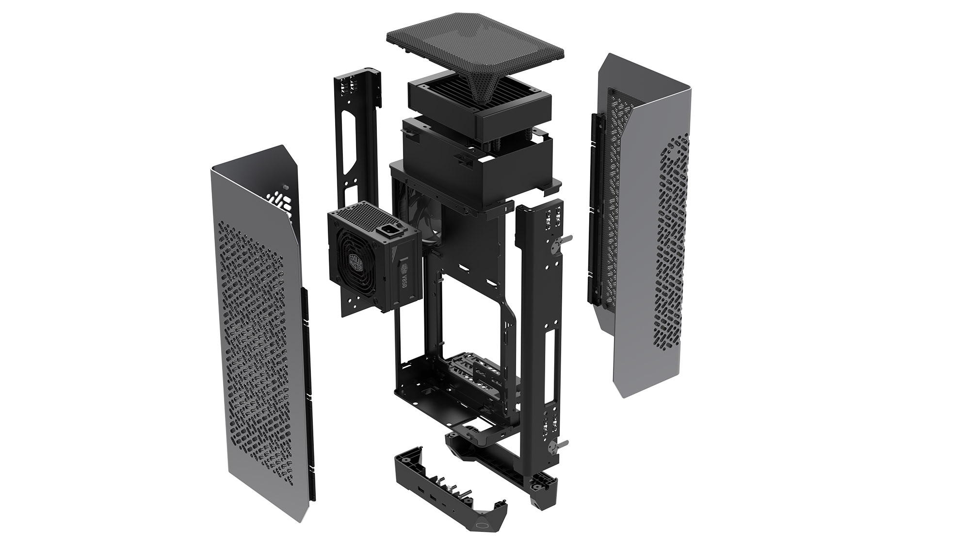 An exploded view of the Cooler Master Ncore 100 Max mini-ITX tower case.