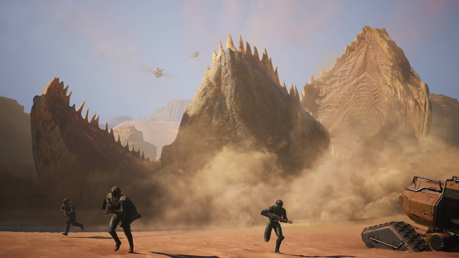 Players running from a massive sandworm in Dune: Awakening.
