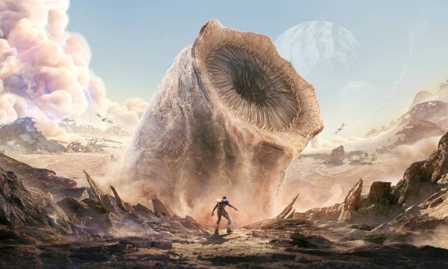 A player in front of a massive sandworm in Dune: Awakening concept art.