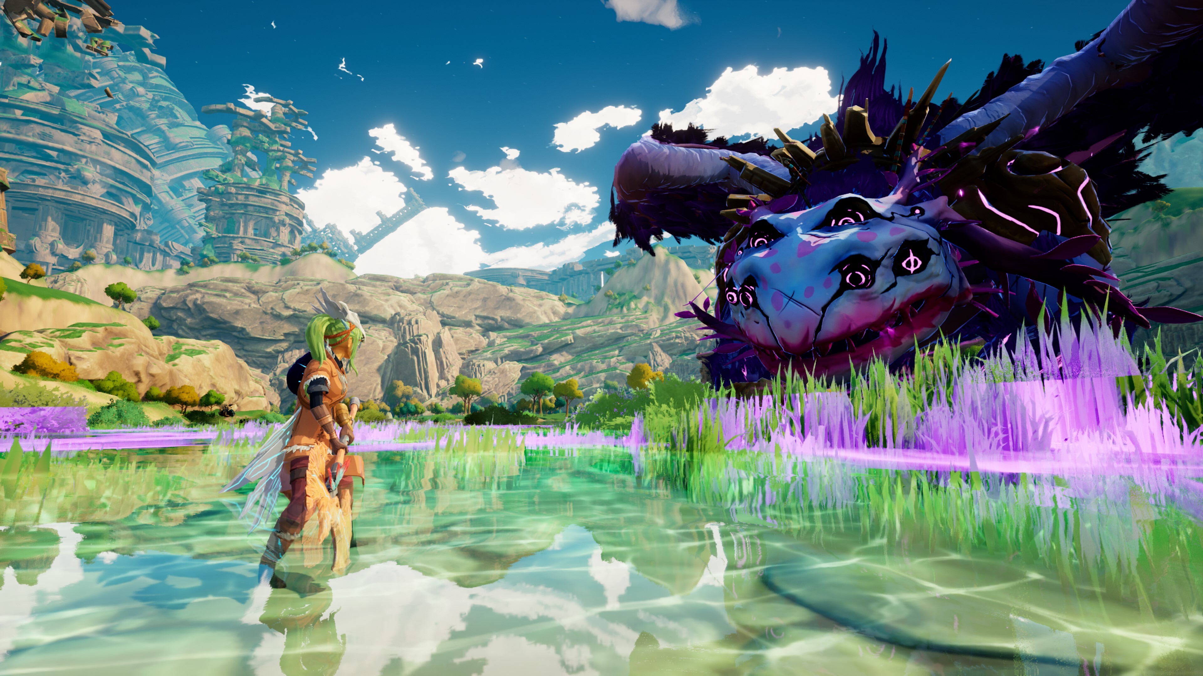 《费拉：分裂部落》中，一个绿发角色拿着斧头，一只巨大的紫色蜥蜴般的生物正在俯视着他们。