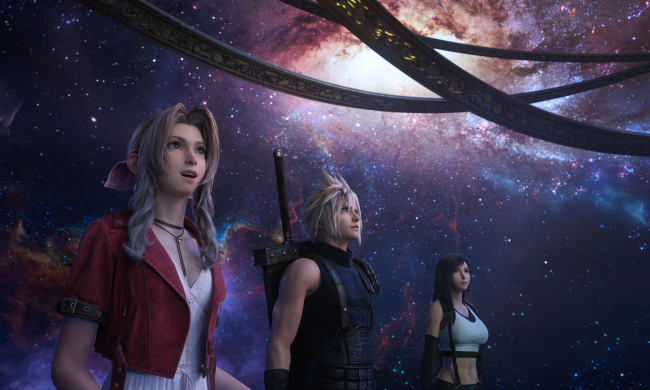 Cloud,. Aerith, and Tifa stand together in Final Fantasy VII Rebirth.