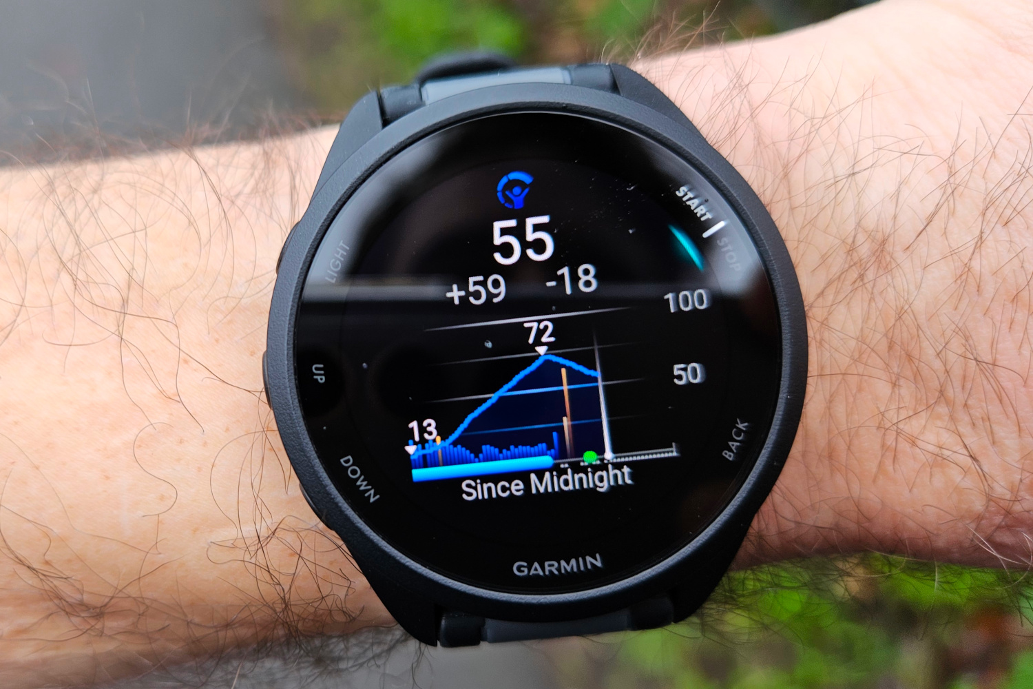 The Garmin Forerunner 165, showing the Body Battery page.