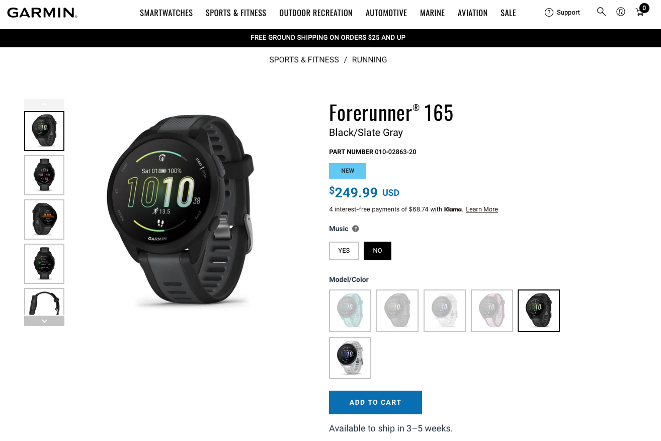 A screenshot of the product page for the Garmin Forerunner 165.