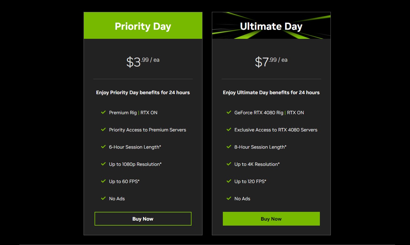 Nvidia's day pass options for GeForce Now.