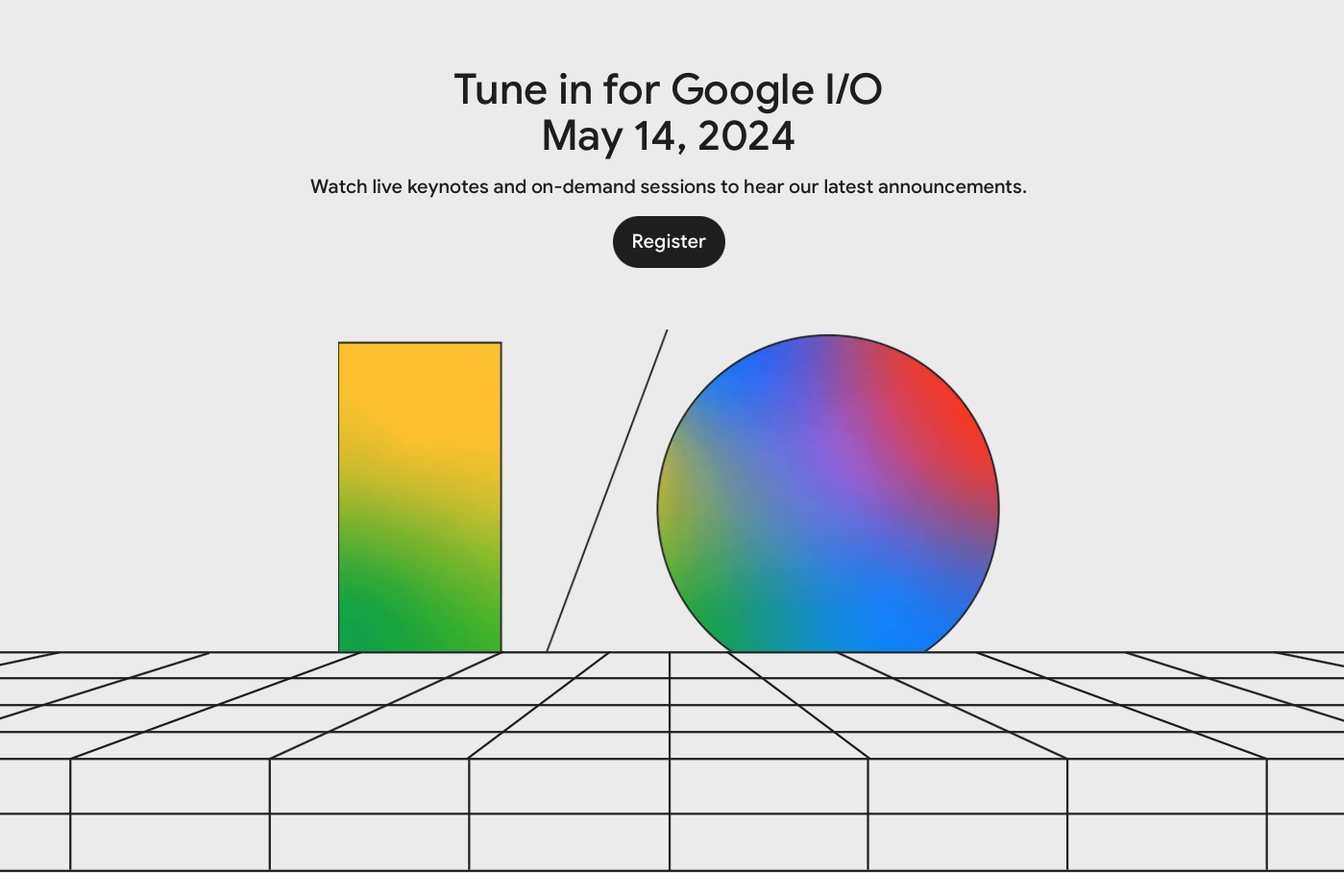 The Google I/O 2024 website, showing the May 14, 2024, even date.