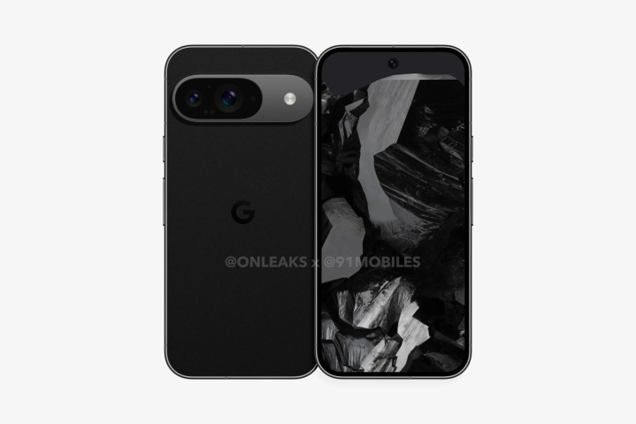 A render of the Google Pixel 9 smartphone in black.